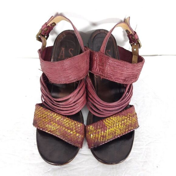 A.S.98 Women's EU37 US6,5 Burgundy Leather Wedge Heels Strappy Slingback Sandal - Picture 14 of 15